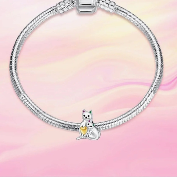 Cat kitty mom and baby with Gold Heart charm for Pandora Sterling 925 - Picture 3 of 3
